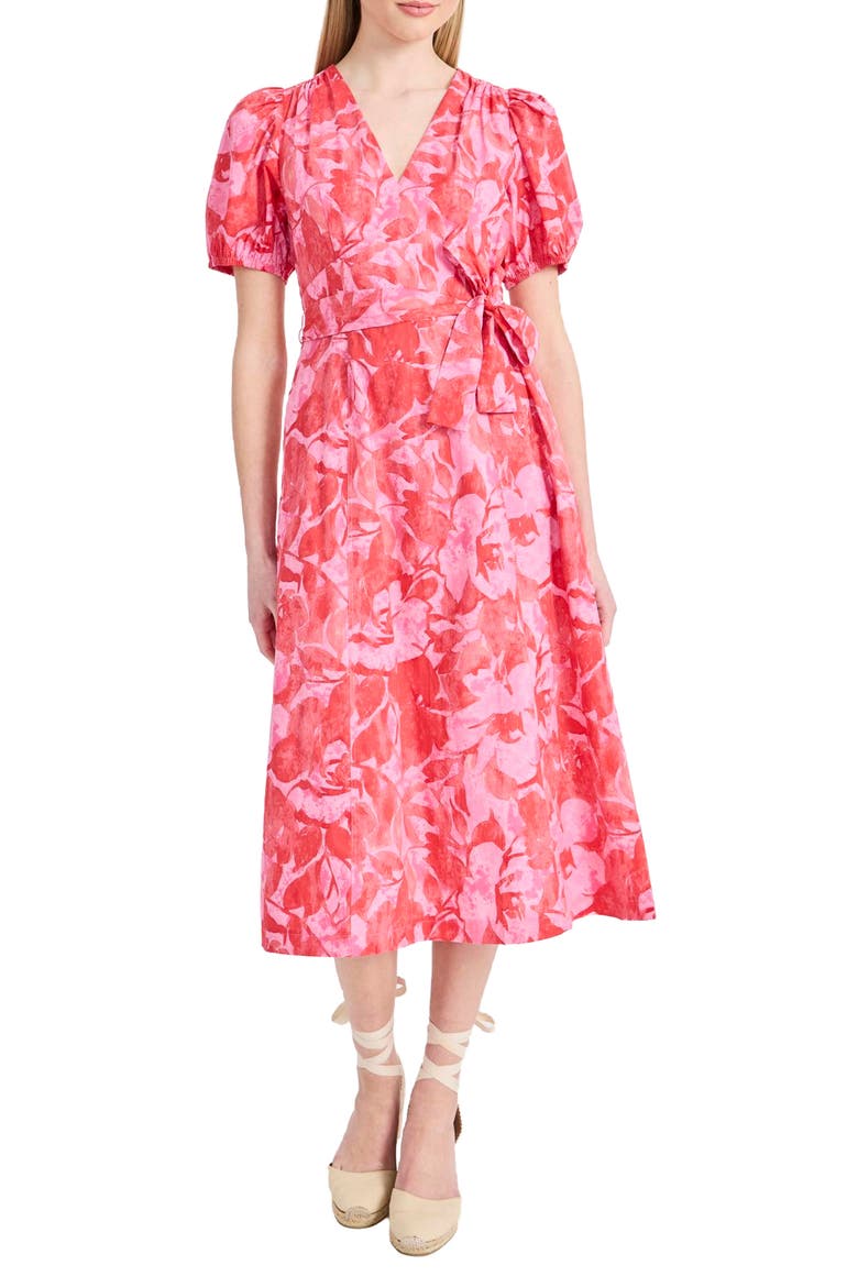 Floral Puff Sleeve A-Line Midi Dress, Main, color, PINK/ CORAL