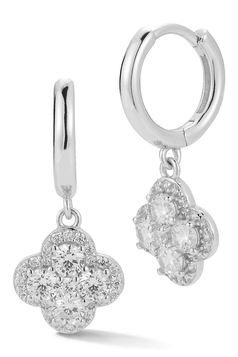 Cubic Zirconia Clover Huggie Hoop Earrings, Main, color, SILVER