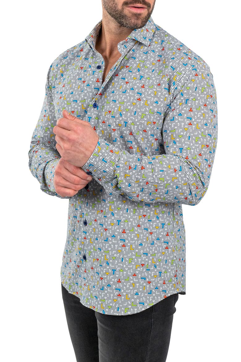 Einstein Stretch Tetris Button-Up Shirt, Alternate, color, WHITE