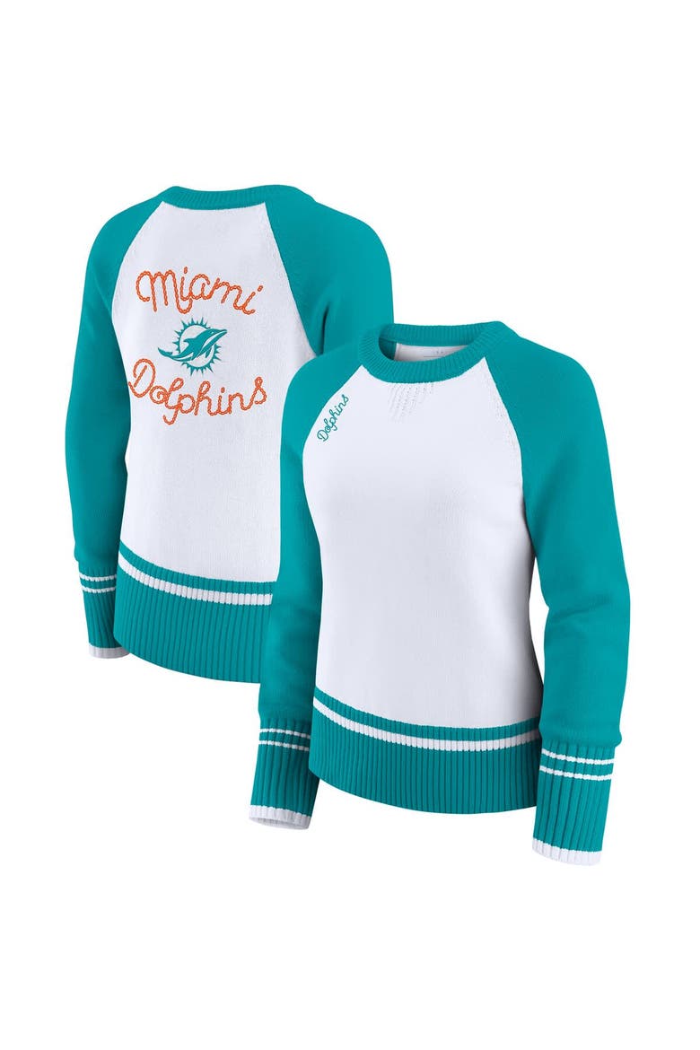 Women's WEAR by Erin Andrews White/Aqua Miami Dolphins Colorblock Raglan Sweater, Main, color, White