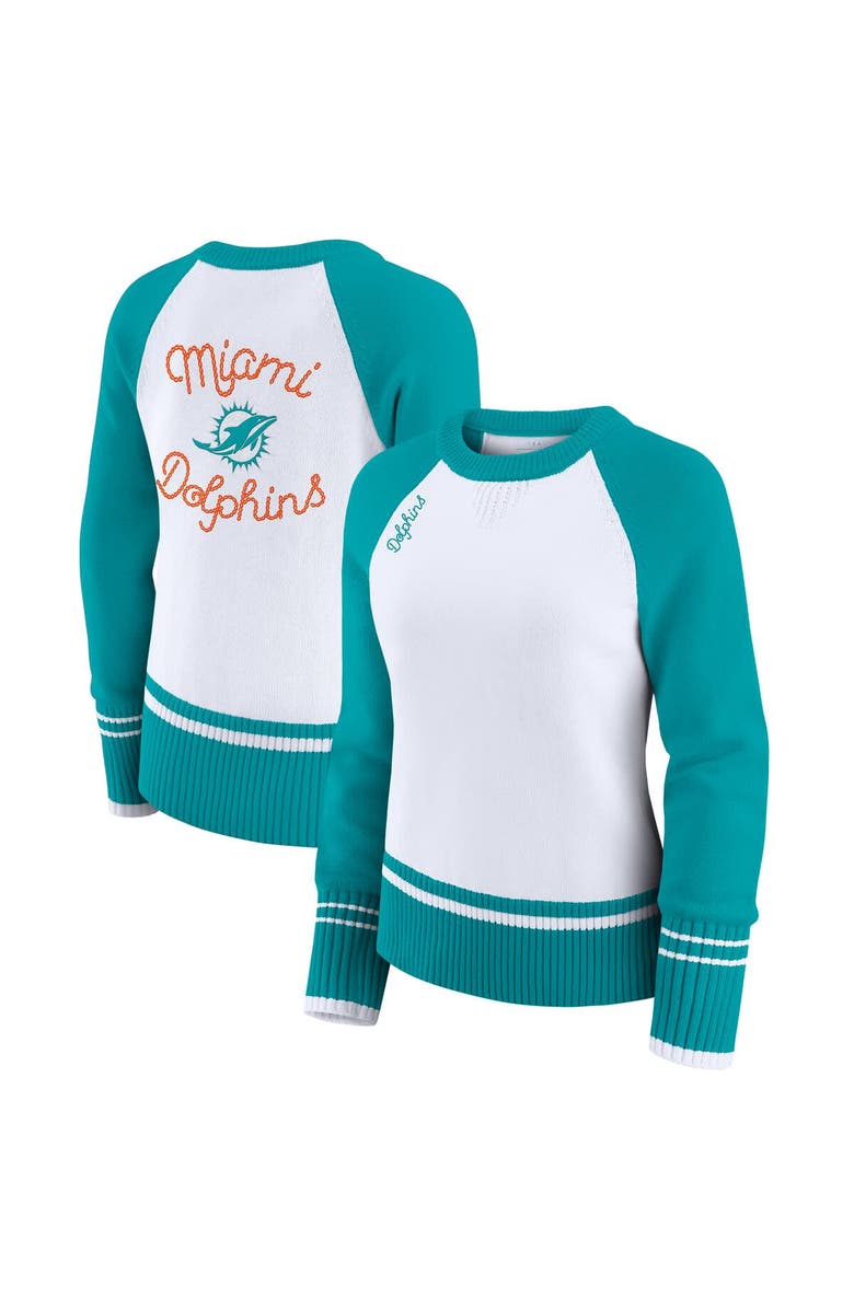 WEAR by Erin Andrews Women's WEAR by Erin Andrews White/Aqua Miami Dolphins Colorblock Raglan Sweater, Main, color, White