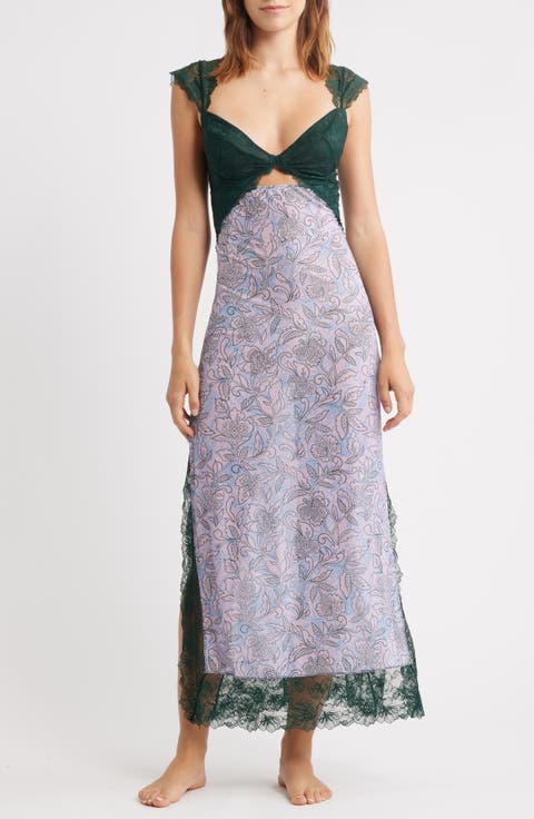 Suddenly Fine Floral Print Cutout Lace Trim Nightgown