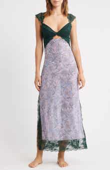 Free People Suddenly Fine Floral Print Cutout Lace Trim Nightgown