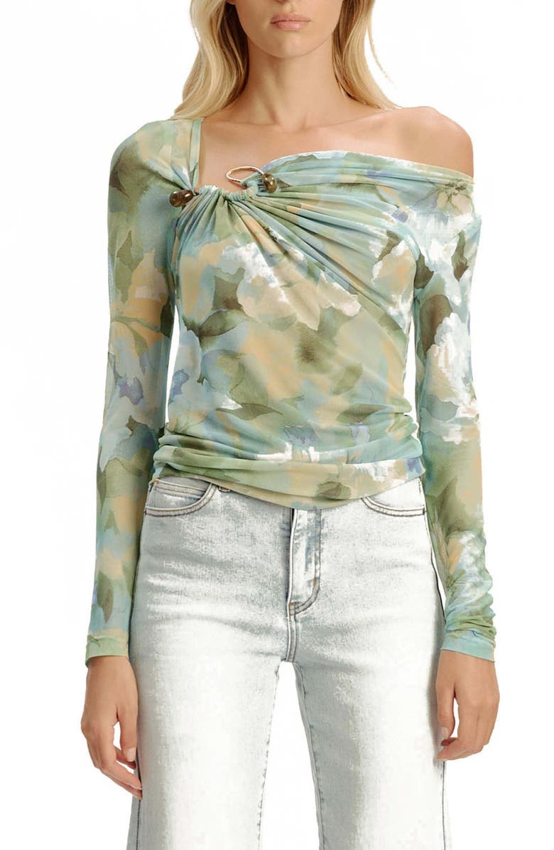 Bardot Marisol Asymmetric Mesh Top, Main, color, Green Flo
