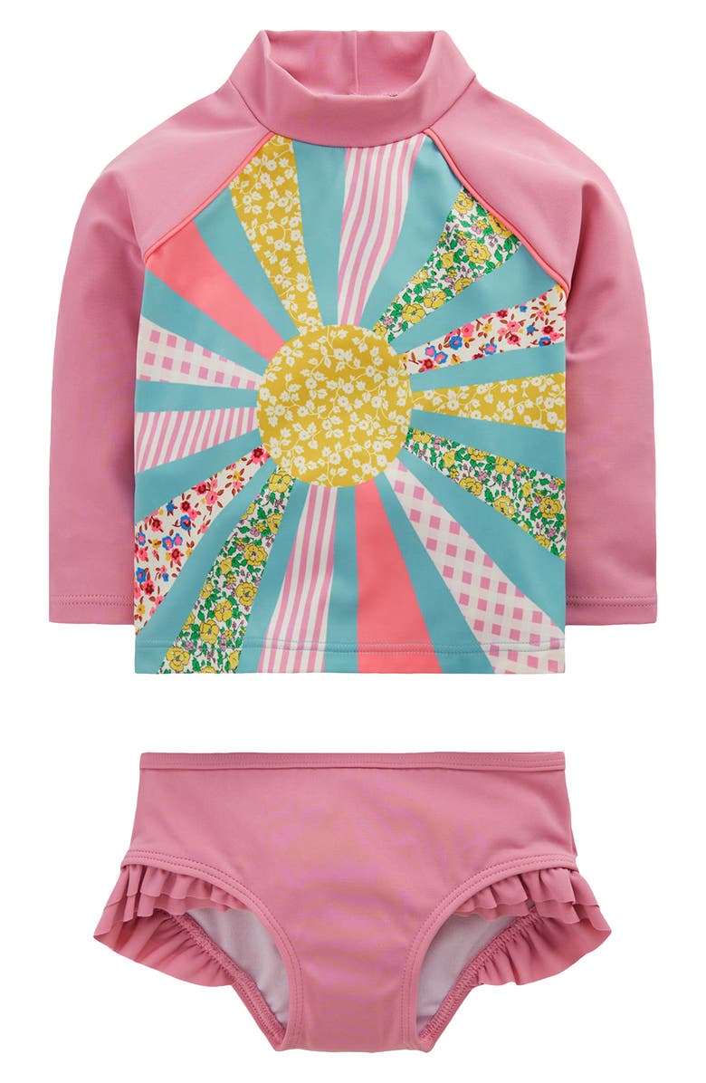 Mini Boden Long Sleeve Two-Piece Rashguard Swimsuit, Main, color, Formica Pink Patchwork Sun