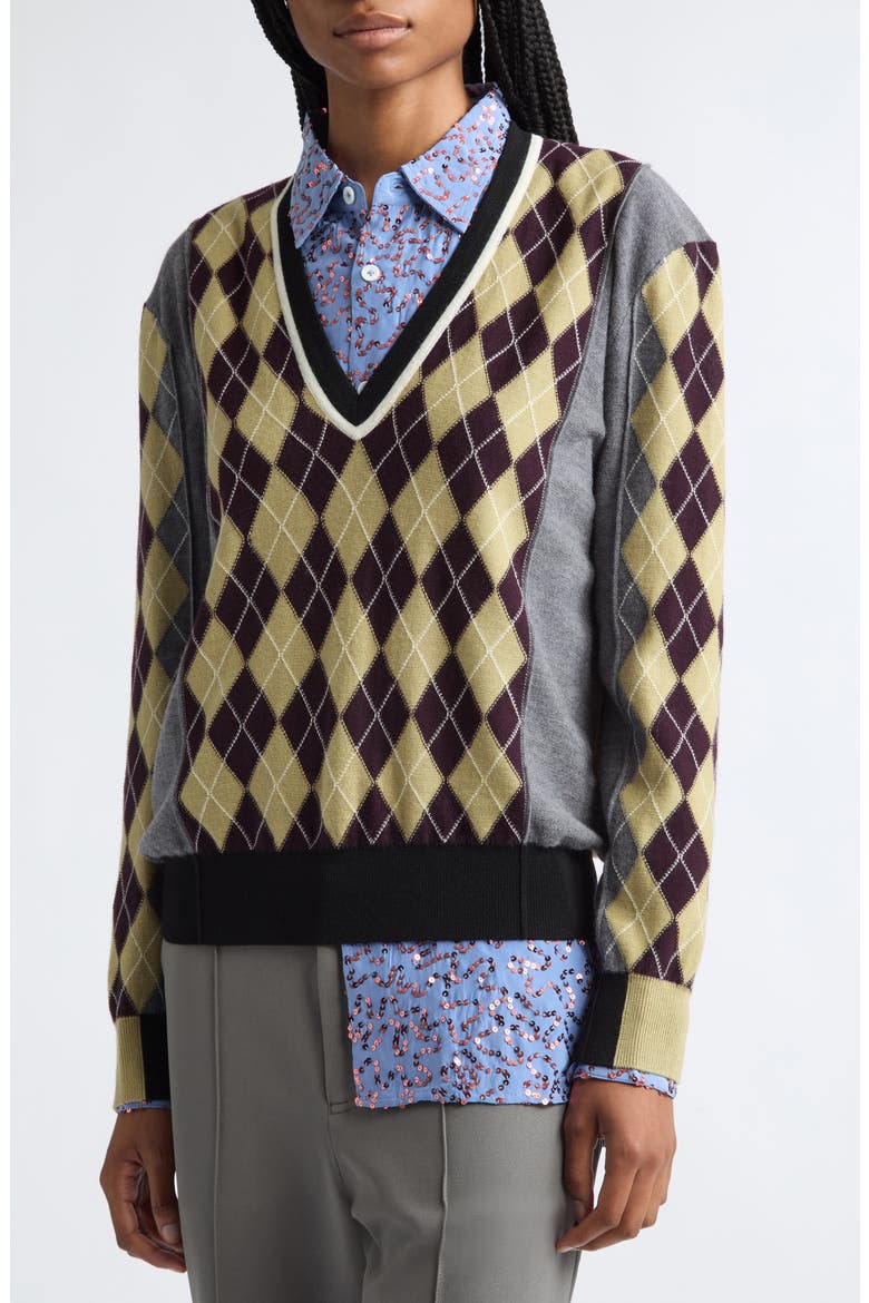 Teddy Colorblock Argyle Merino Wool Sweater, Alternate, color, GREY MELANGE MULTI