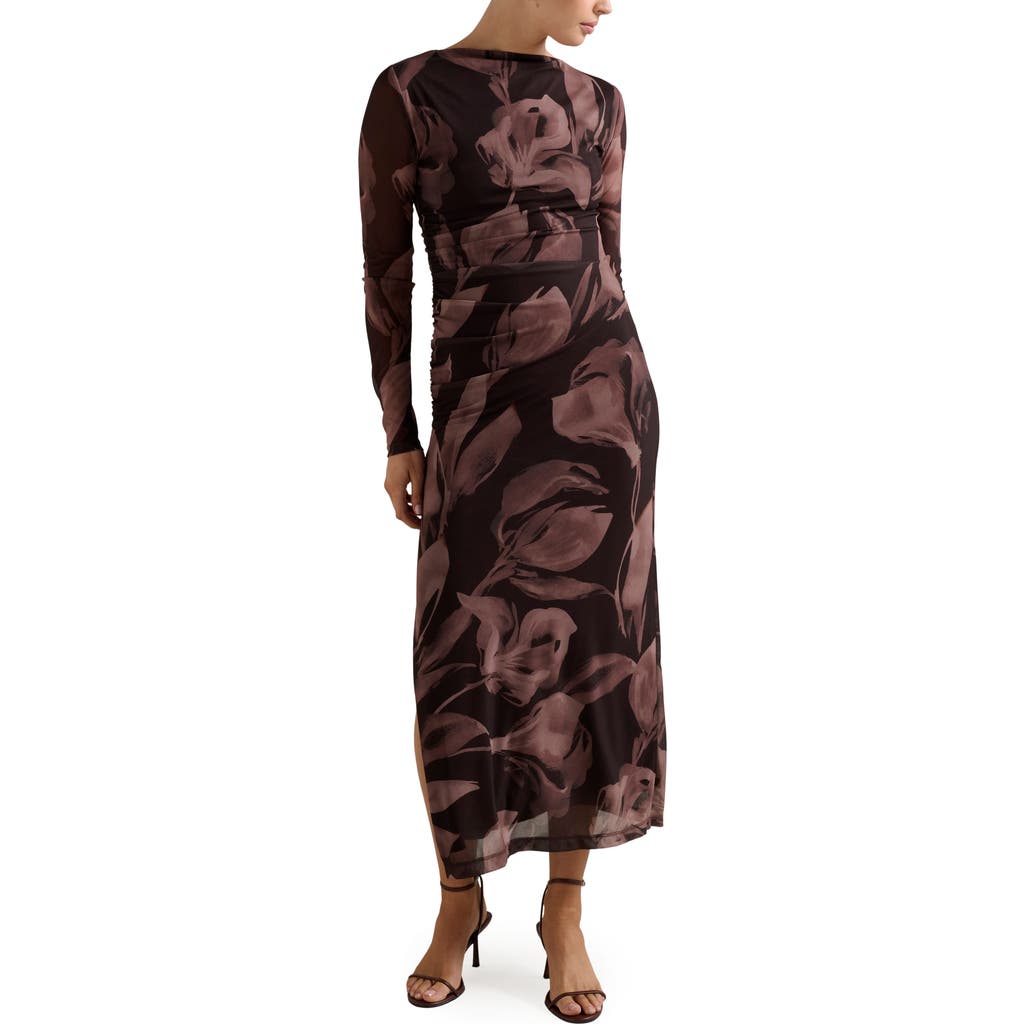 Ever New Alannah Floral Long Sleeve Mesh Midi Dress In Burgundy