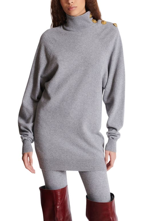 Balmain Cashmere Wool Turtleneck Dress Gold Button Detail In Gray