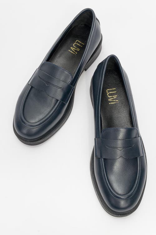 Forever & Always Shoes Bree Platform Penny Leather Loafer In Blue