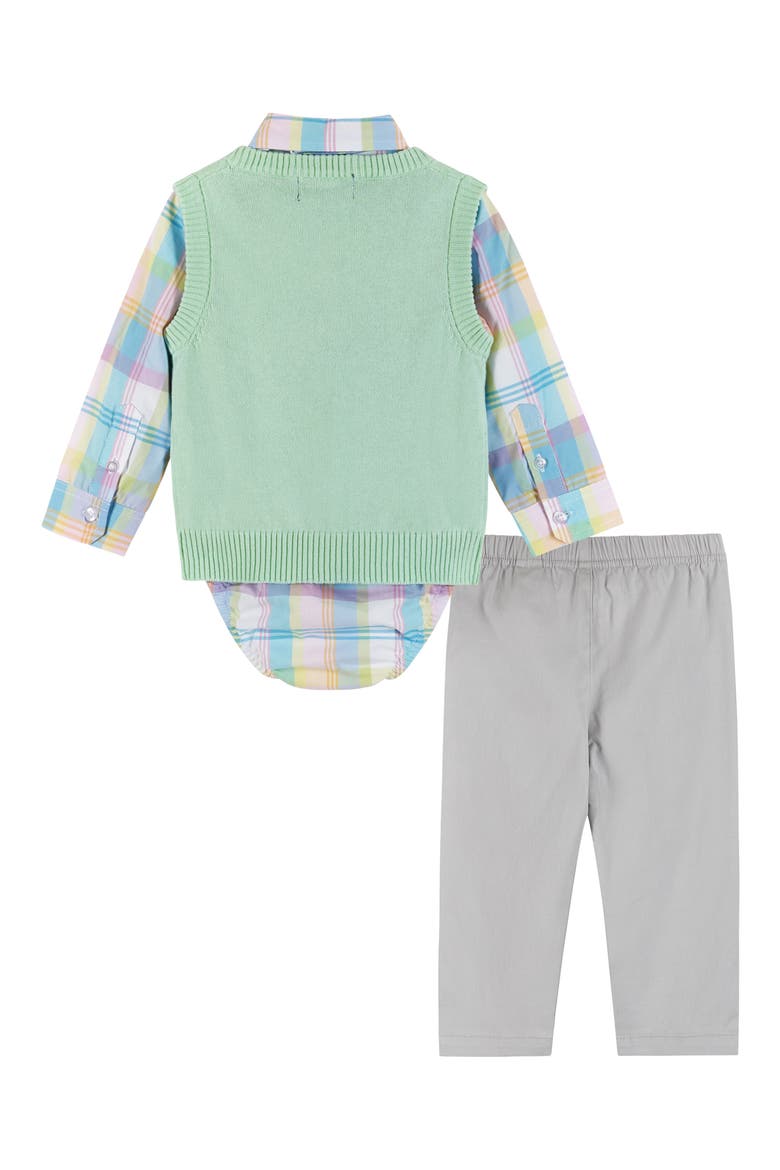 Plaid Button-Up Bodysuit, Sweater Vest, Bow Tie & Pants Set, Alternate, color, LIGHT GREEN PLAID