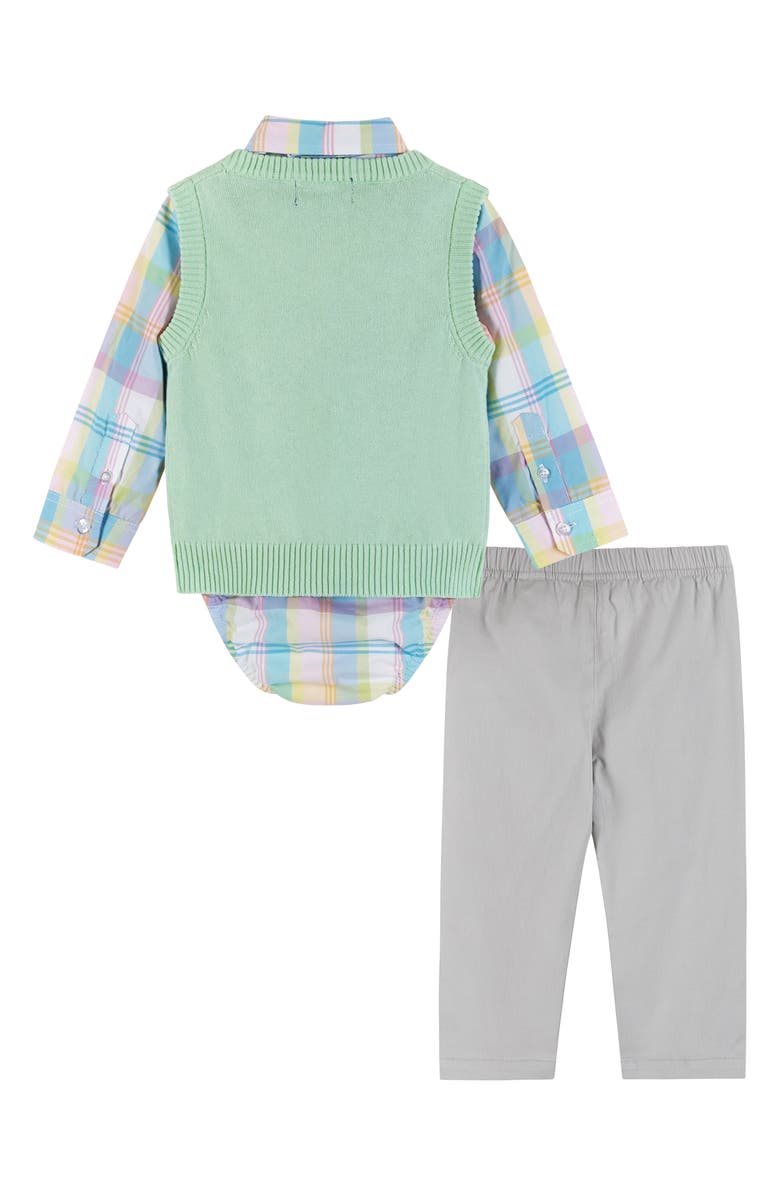 Andy & Evan Plaid Button-Up Bodysuit, Sweater Vest, Bow Tie & Pants Set, Alternate, color, Light Green Plaid