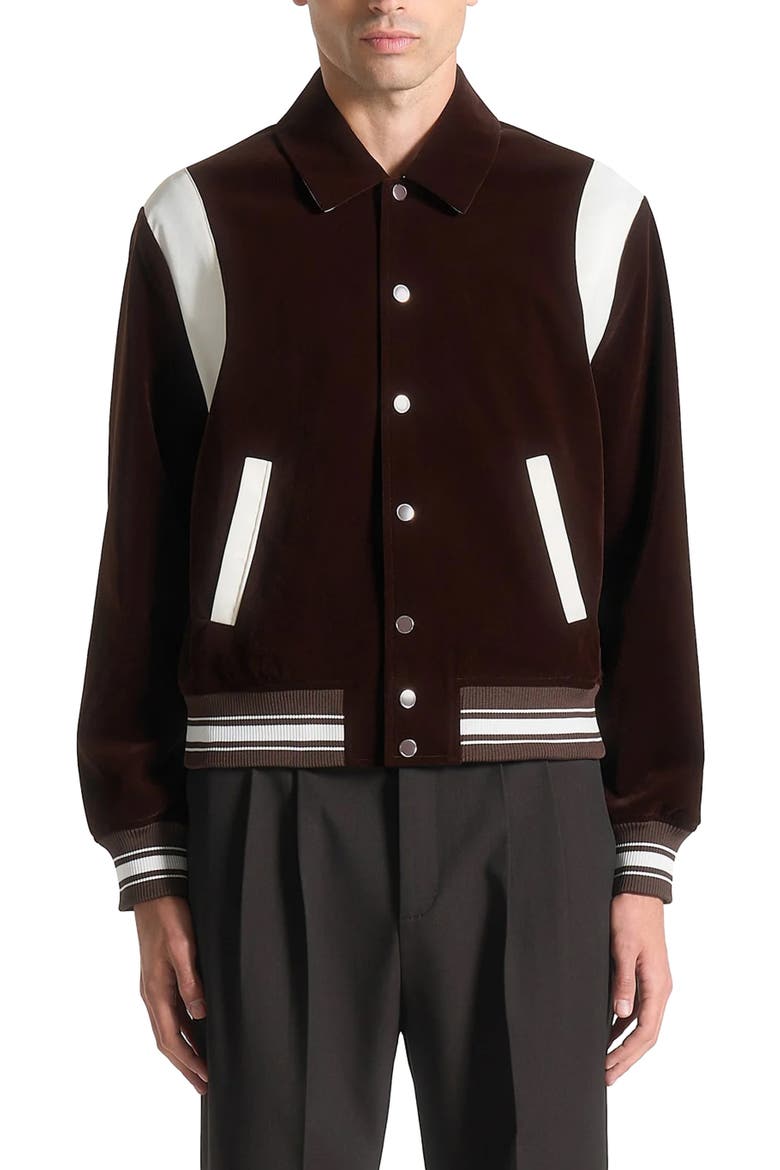 Nico Velvet & Satin Varsity Jacket, Alternate, color, Brown