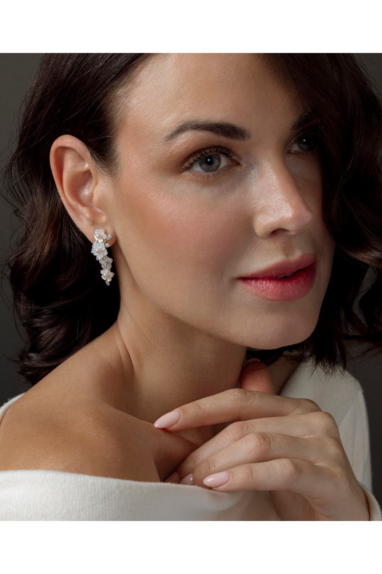 White Freshwater Pearl & Mother of Pearl Flower Magnolia Earrings, Alternate, color, Sterling Silver