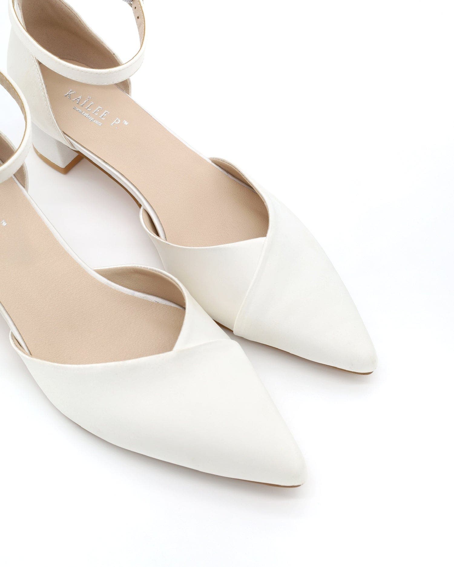 Kailee P Leila Satin Pointed Toe Low Block Heels Wedding Shoes, Alternate, color, White