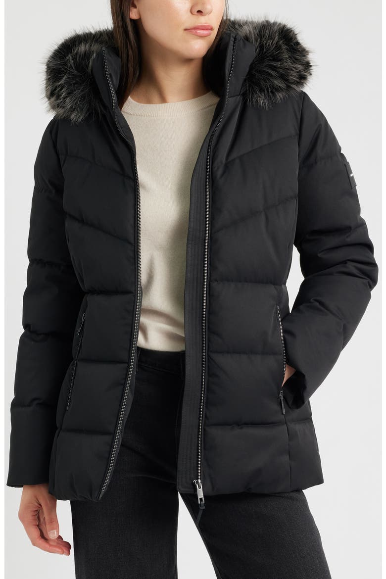 Faux Fur Trim Puffer Jacket, Alternate, color, BLACK