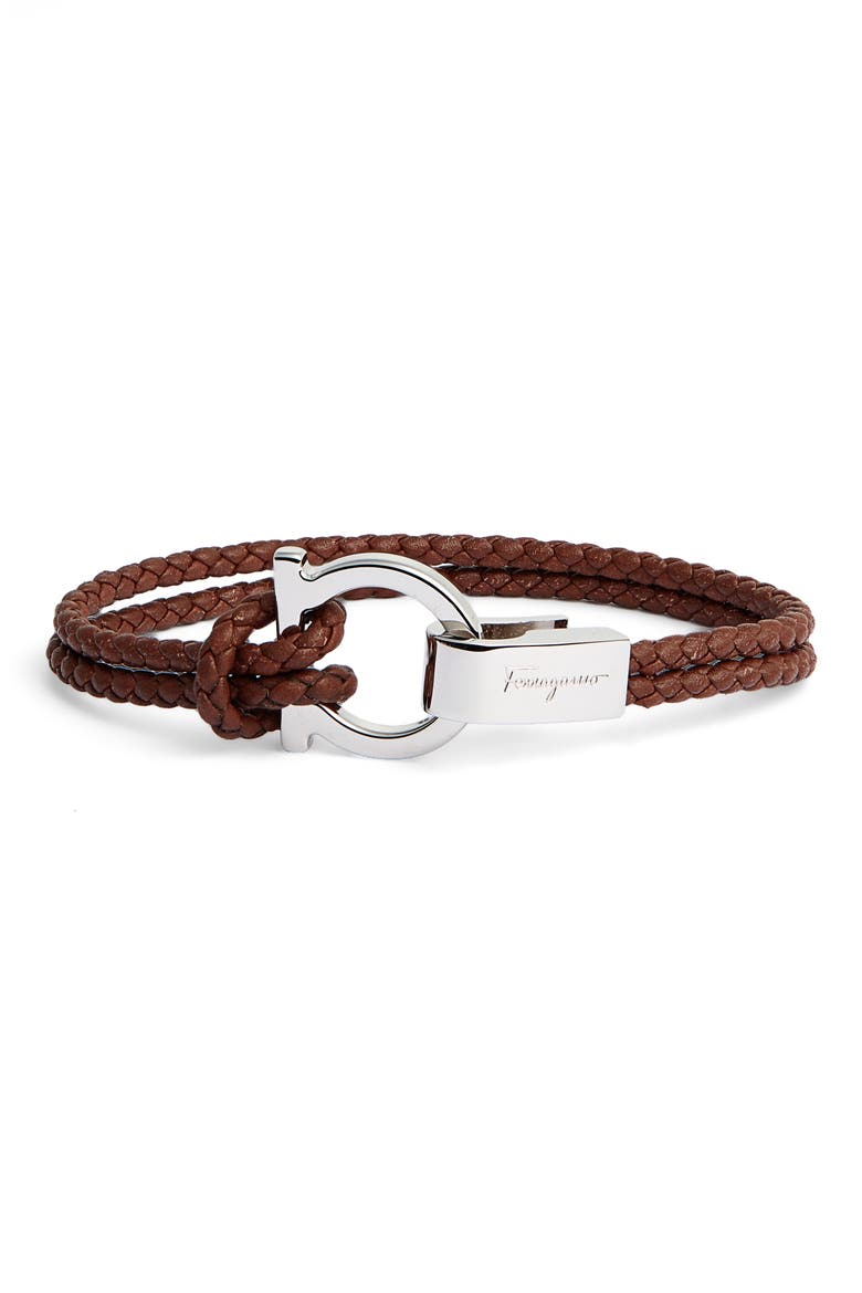 Salvatore Ferragamo Braided Leather Bracelet, Main, color, 010 - BROWN
