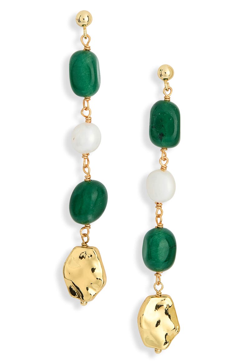 Crystal & Faux Pearl Linear Drop Earrings, Main, color, GREEN