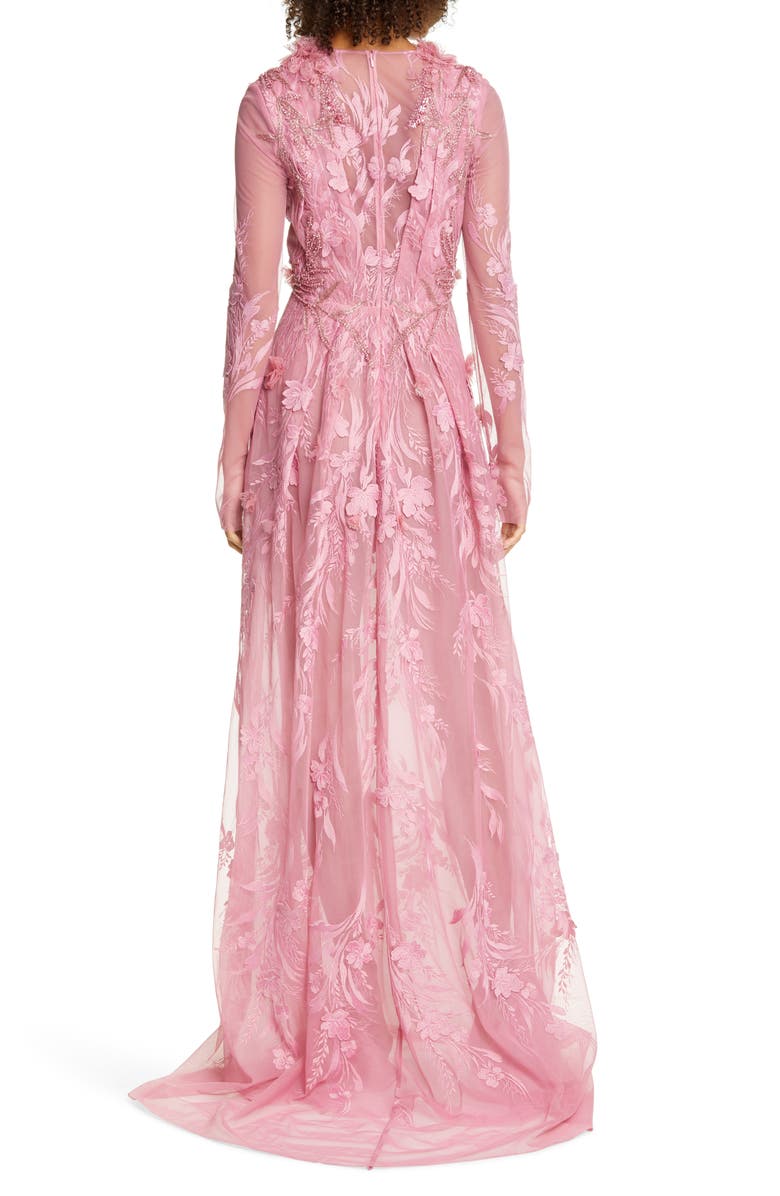 Pamella Roland Long Sleeve 3D Floral Embroidered Lace Gown, Alternate, color, 