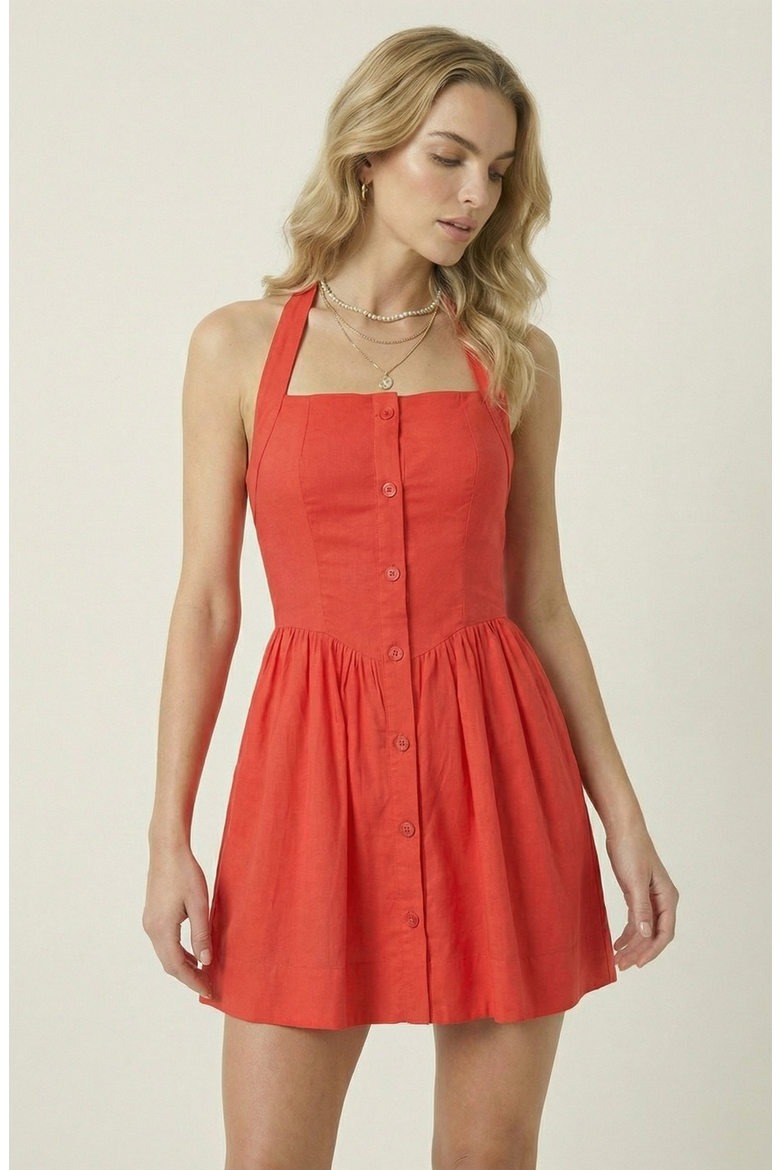 Halter Mini Dress with Button Front and Flared Skirt, Main, color, Coral Red