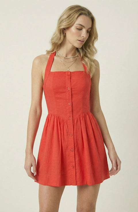 Halter Mini Dress with Button Front and Flared Skirt