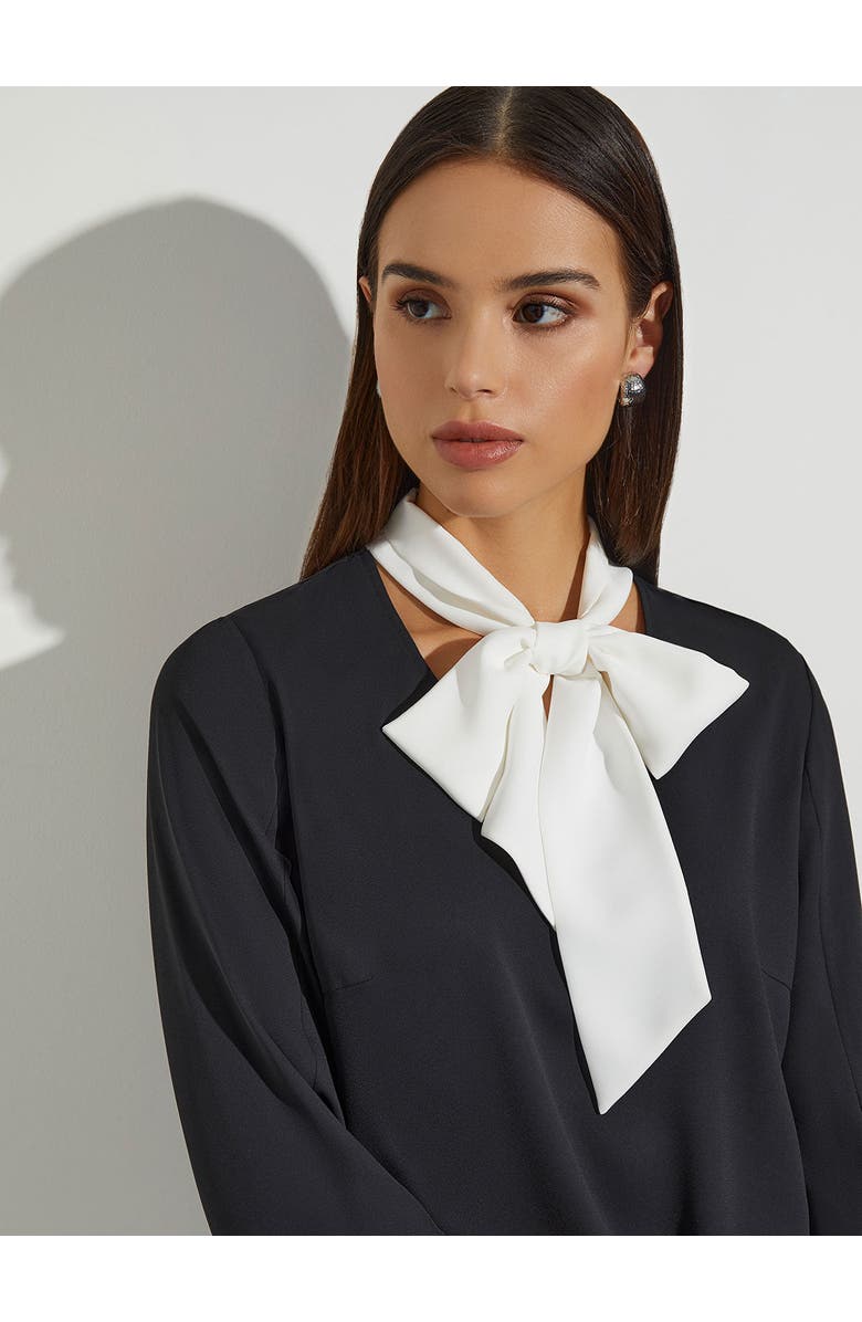 Misook Contrast Tie V-Neck Crepe de Chine Blouse, Alternate, color, Black/White