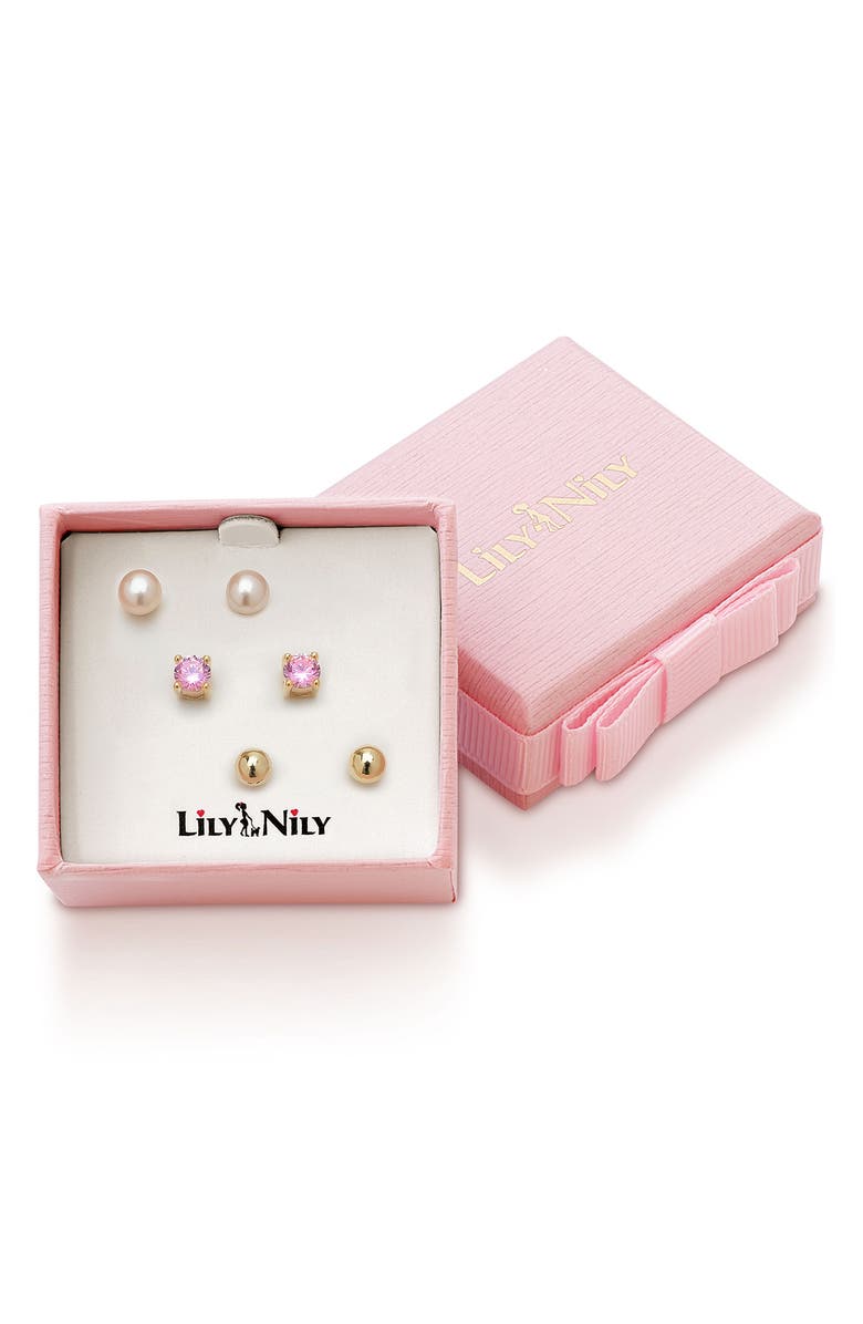 Lily Nily Kids' Set of 3 Assorted Stud Earrings, Alternate, color, Gold