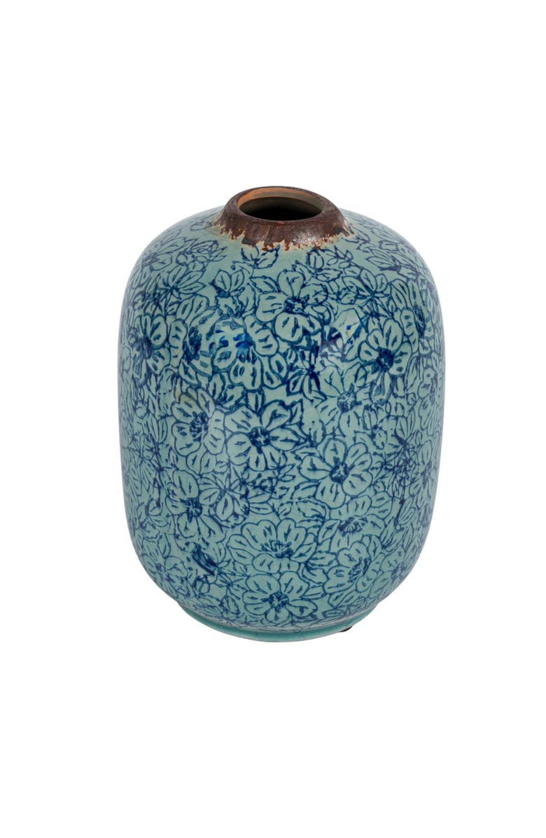 Storied Home Decorative Round Terra-cotta Vase with Floral Pattern with Distressed Finish, Blue, Main, color,