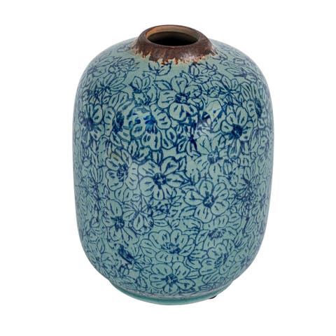 Decorative Round Terra-cotta Vase with Floral Pattern with Distressed Finish, Blue