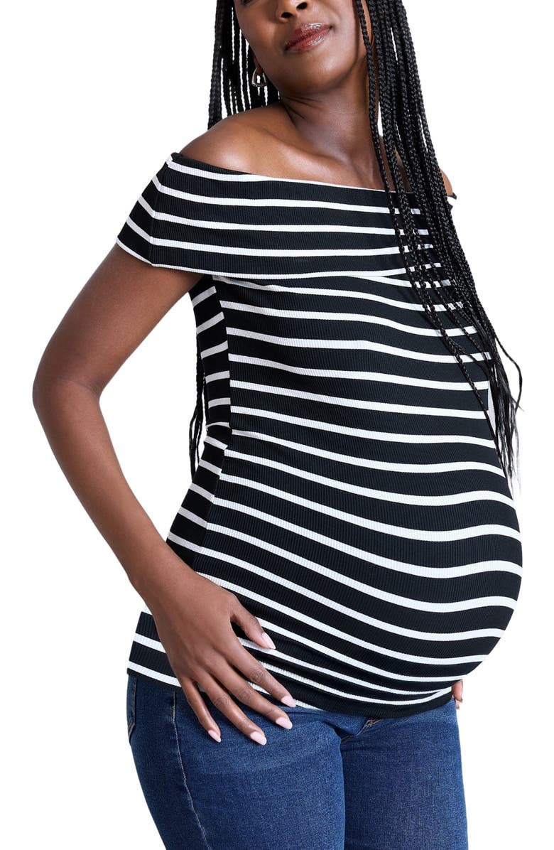 MOTHERHOOD MATERNITY Rib Knit Short Sleeve Off The Shoulder Top, Alternate, color, Black & White Stripe