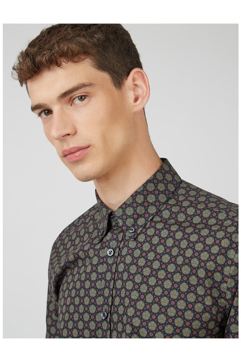 Print Cotton Button-Down Shirt, Alternate, color, BLACK