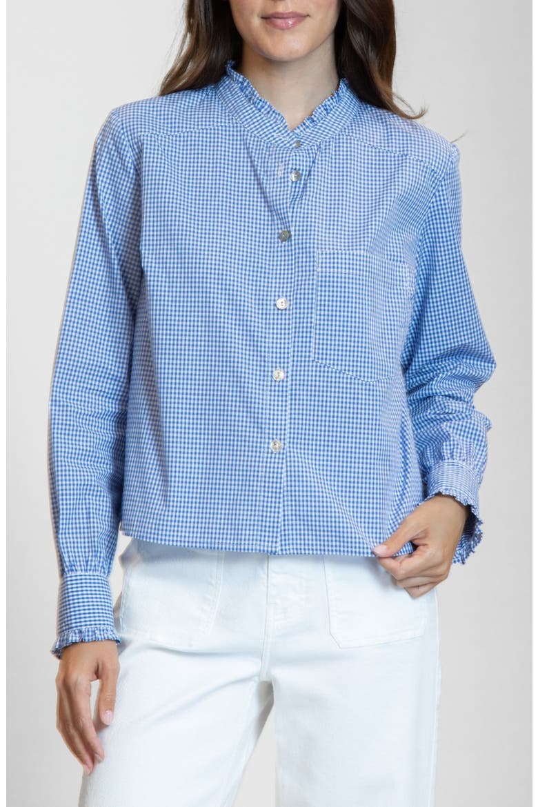 Ruffle Detail Cotton Gingham Button-Up Shirt, Main, color, COBALT BLUE
