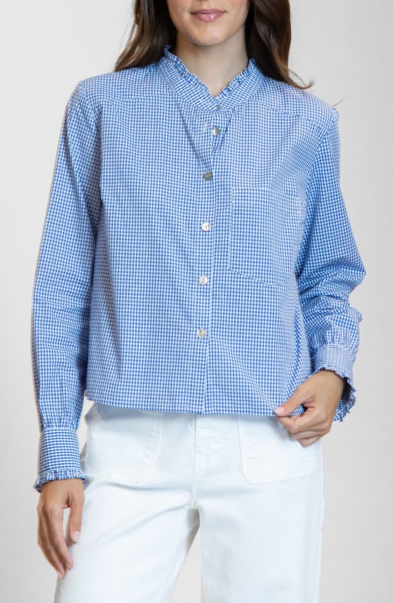 APNY Ruffle Detail Cotton Gingham Button-Up Shirt, Main, color, Cobalt Blue