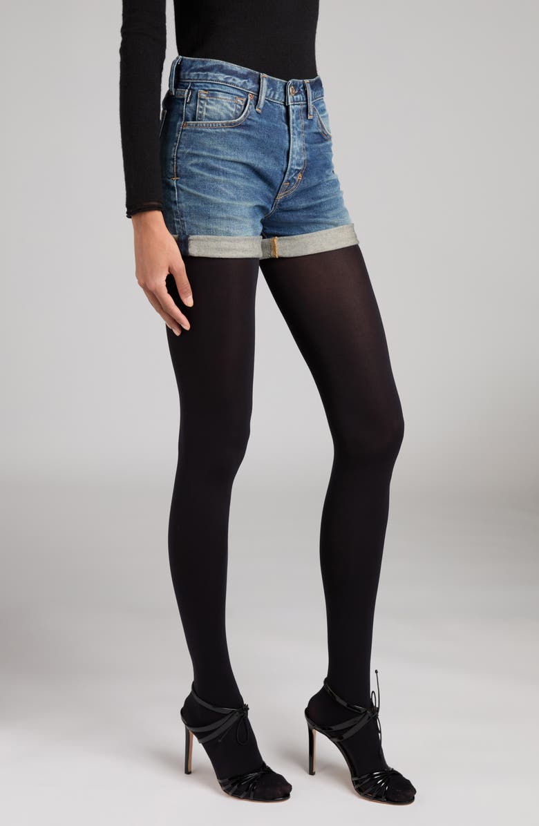 TOM FORD High Waist Rolled Hem Comfort Stone Washed Denim Shorts, Alternate, color, Hb772 Mid Blue