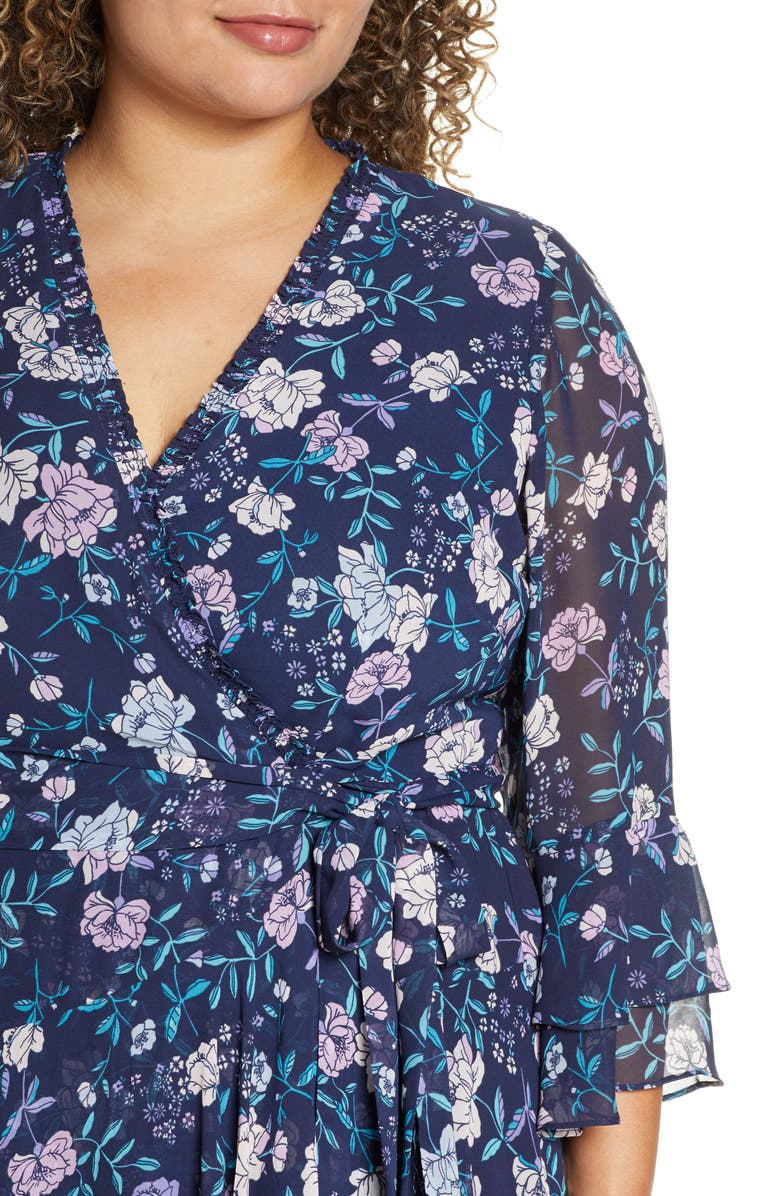 Tahari Long Sleeve Faux Wrap Chiffon Dress, Alternate, color,