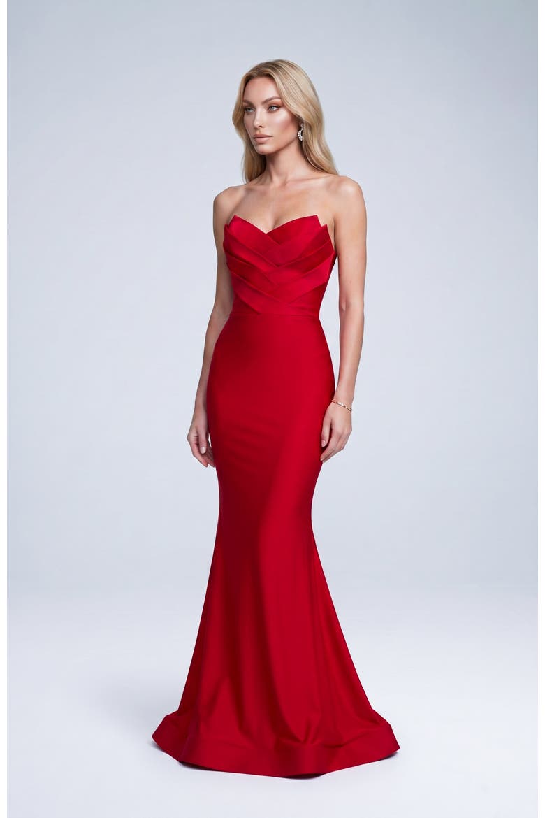 Strapless Layered Tulip Bodice Mermaid Evening Gown, Alternate, color, Red