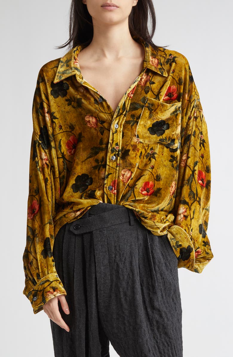 R13 Drop Neck Oversize Floral Velvet Button-Up Shirt, Main, color,