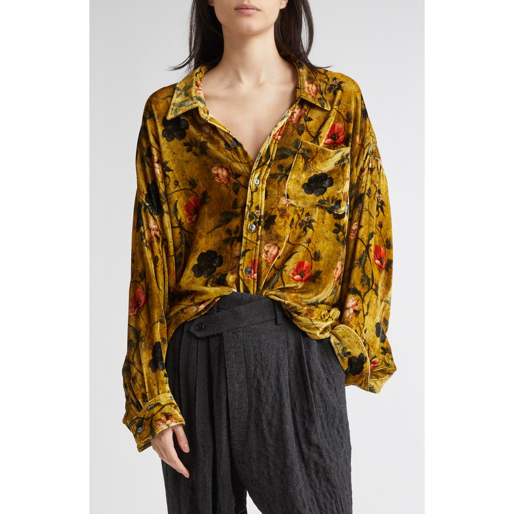 R13 Drop Neck Oversize Floral Velvet Button-up Shirt In Yellow