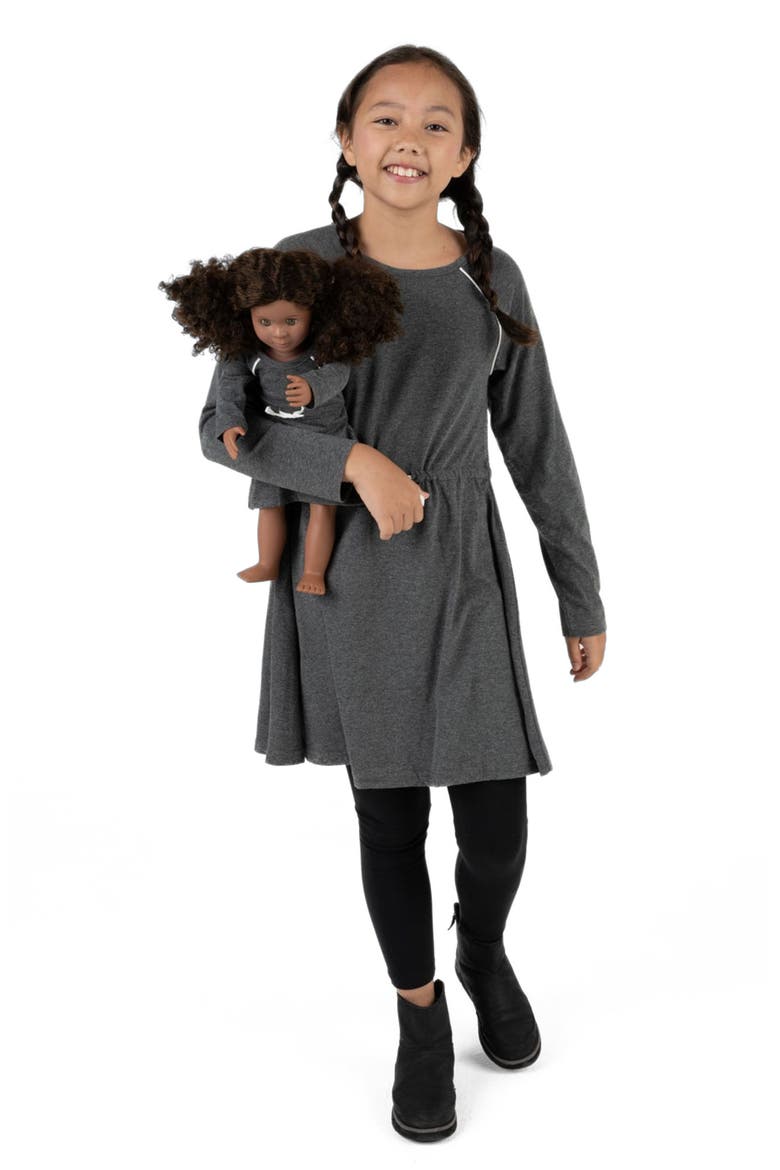 Girls Bow Tie Dress with Matching Doll Dress, Alternate, color, DARK GREY