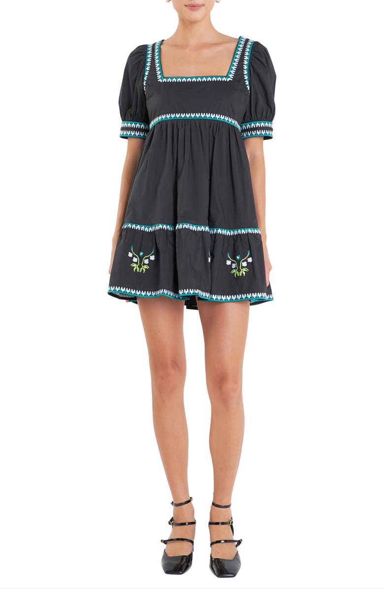 English Factory Embroidered Puff Sleeve Cotton Babydoll Dress, Main, color, Black Multi