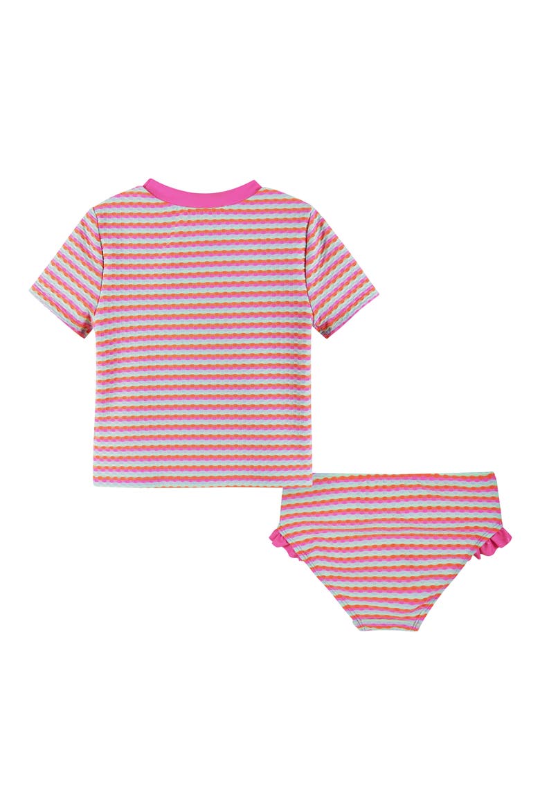 Kids' Stripe Ruffle Short Sleeve Two-Piece Rashguard Swimsuit, Alternate, color, PINK DOT STRIPE