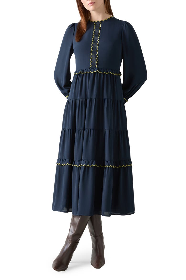 Carly Scallop Long Sleeve Tiered Maxi Dress, Main, color, NAVY MULTI