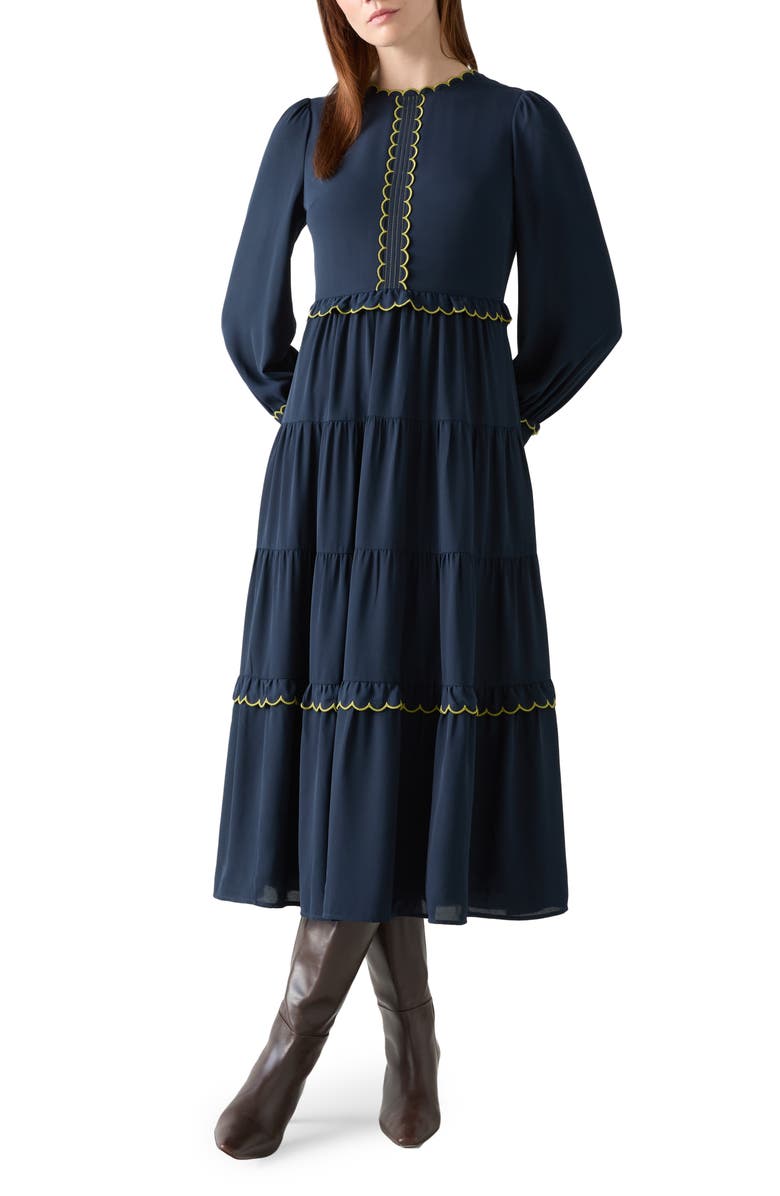 LK Bennett Carly Scallop Long Sleeve Tiered Maxi Dress, Main, color, Navy Multi