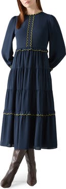 LK Bennett Carly Scallop Long Sleeve Tiered Maxi Dress