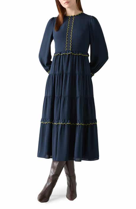 LK Bennett Carly Scallop Long Sleeve Tiered Maxi Dress