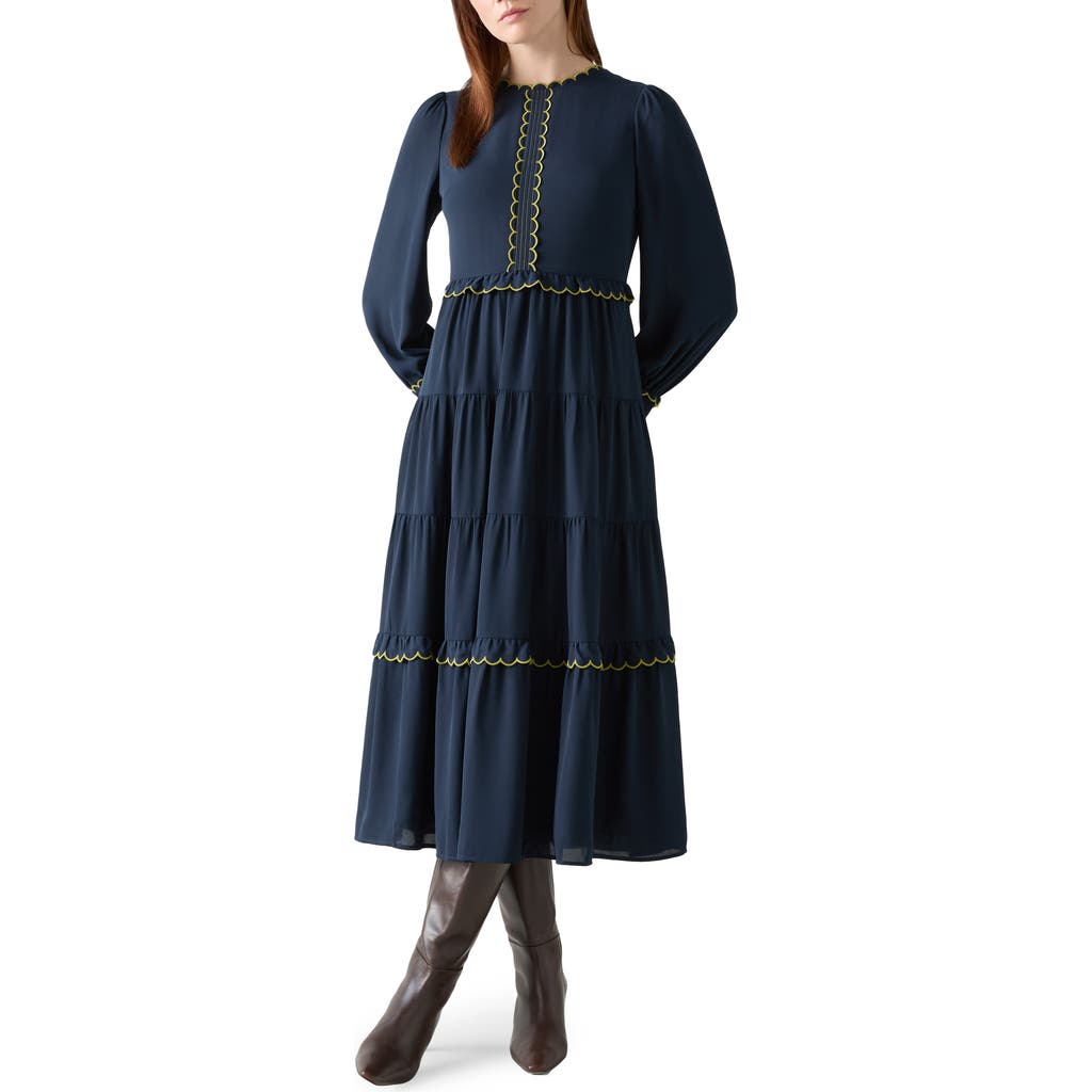 Lk Bennett Carly Scallop Long Sleeve Tiered Maxi Dress In Blue