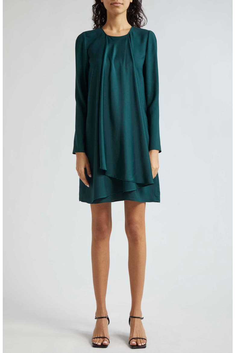 Ruffle Long Sleeve Crepe Shift Dress, Main, color, SOLID DARK GREEN