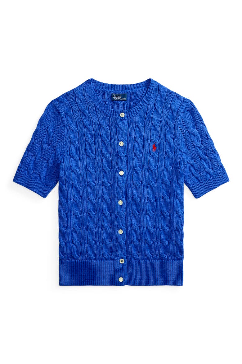 Short Sleeve Cable Stitch Cardigan, Alternate, color, GALA BLUE