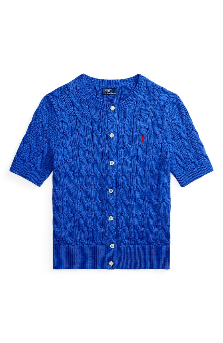Polo Ralph Lauren Short Sleeve Cable Stitch Cardigan, Alternate, color, Gala Blue