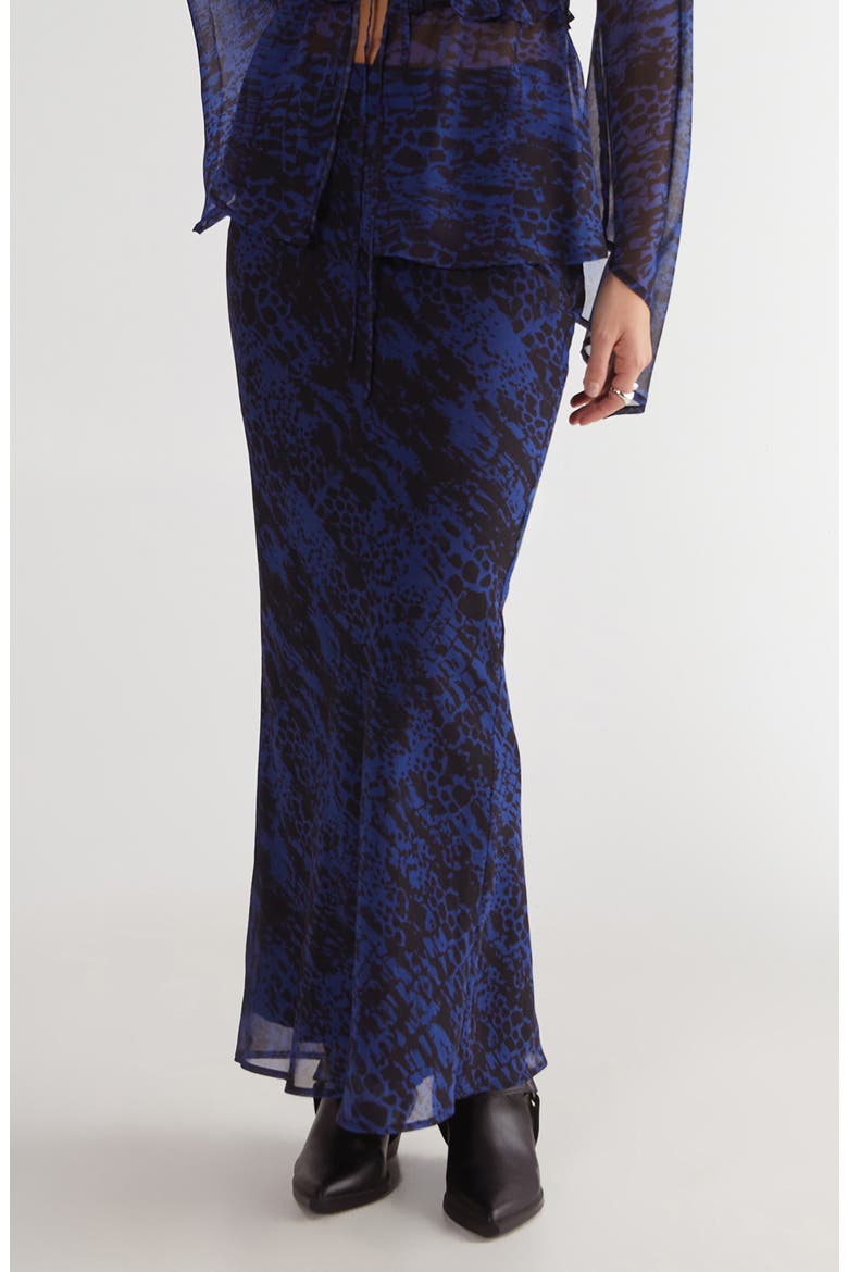 Snakeskin Print Bias Cut Crinkle Chiffon Maxi Skirt, Main, color, BLUE