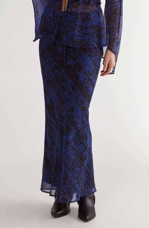 Snakeskin Print Bias Cut Crinkle Chiffon Maxi Skirt